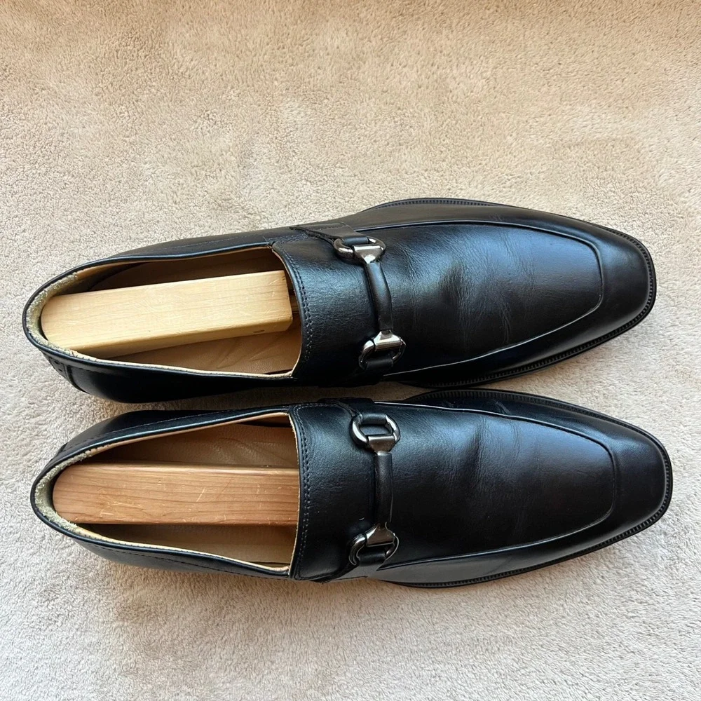 Johnston & Murphy McClain‎ Men 9.5 M Black Leather Bit Loafer Shoes Apron Toe
